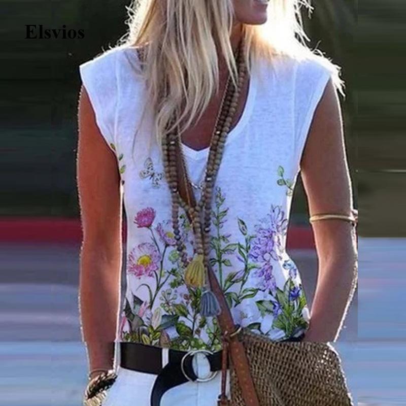 

Women's Blouses & Shirts 5XL Women O Neck Sleeveless Blouse Shirt Casual Vintage Loose Blusa Pullover 2021 Spring Summer Floral Print Vest T, White