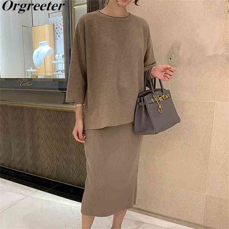 

High Quality Sweater Skirts Two Piece Set Women's Solid Color Female Casual Oversize Knit Tops and Bodycon Skirt Sets 210602, Beige