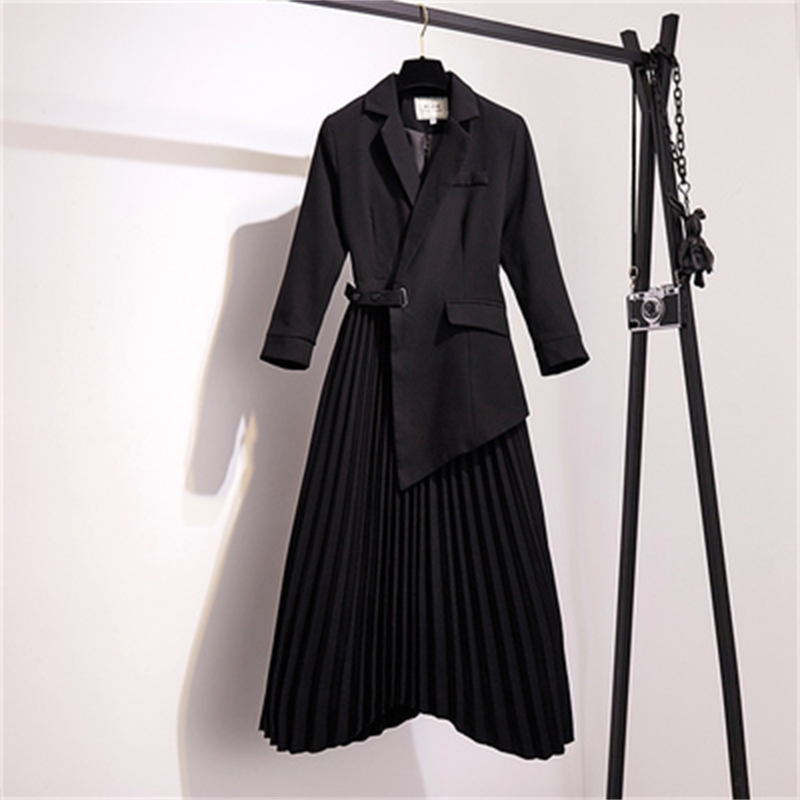

Big Sale Spring and Autumn Korean Casual Fashion Loose Dress Fake Two Pieces Elegant Temperament Suit Collar Female 210615, Black