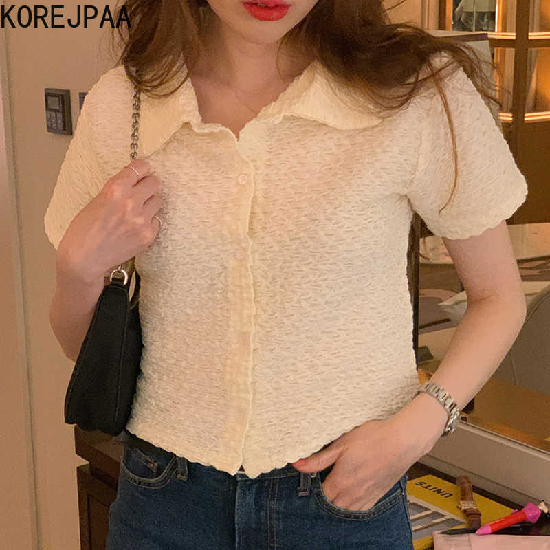 

Korejpaa Women Shirt Summer Korean Chic Simple Lapel Three-Dimensional Fold Design Single-Breasted Short-Sleeved Blouses 210526, Light yellow
