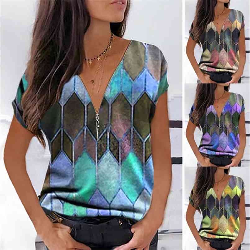 

Spring and Summer Fashion Office Lady Plus Size Women' Geometric Print V-Neck Short-Sleeved Casual Pullover T-Shirt 210708, Beige