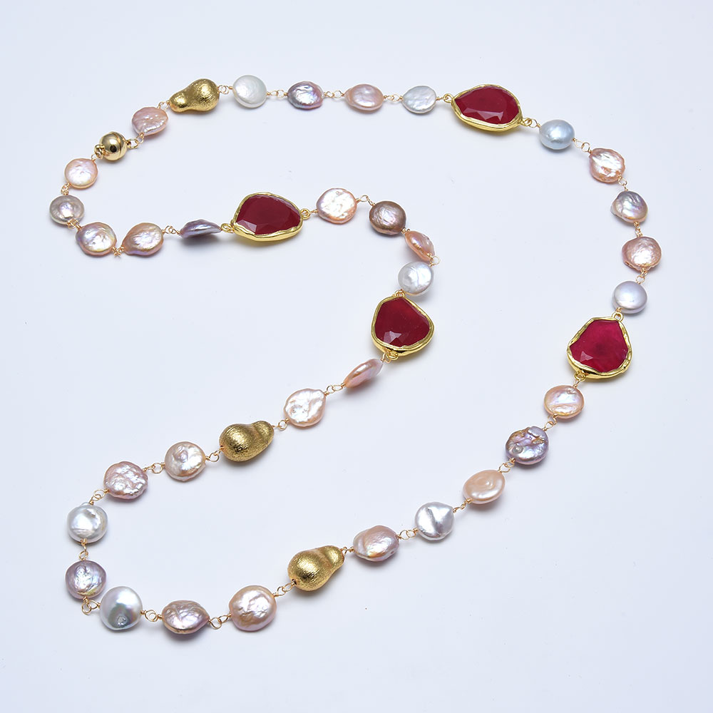 

GuaiGuai Jewelry Natural White Pink Purple Keshi Coin Pearl Gold Color Plated Red Agate Sweater chain Long Necklace Handmade For Women