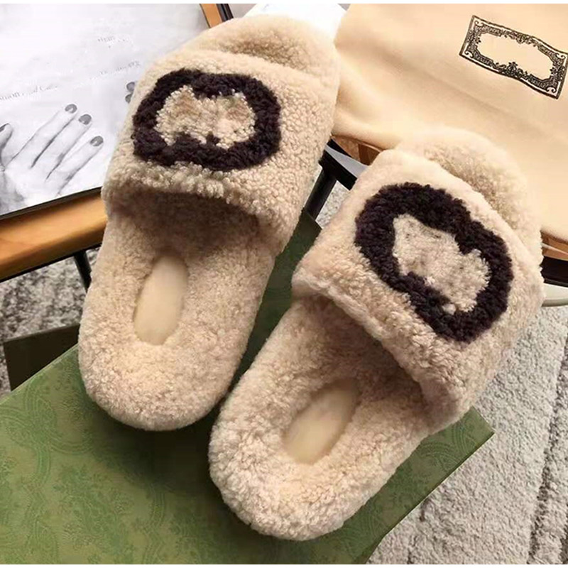 Luxe Laine Femmes Pantoufles Chaud En Peluche Semelle Douce Fourrure De Fourrure Lumière Femelles Plat Diapositives Antidérapant Créateurs De Mod
