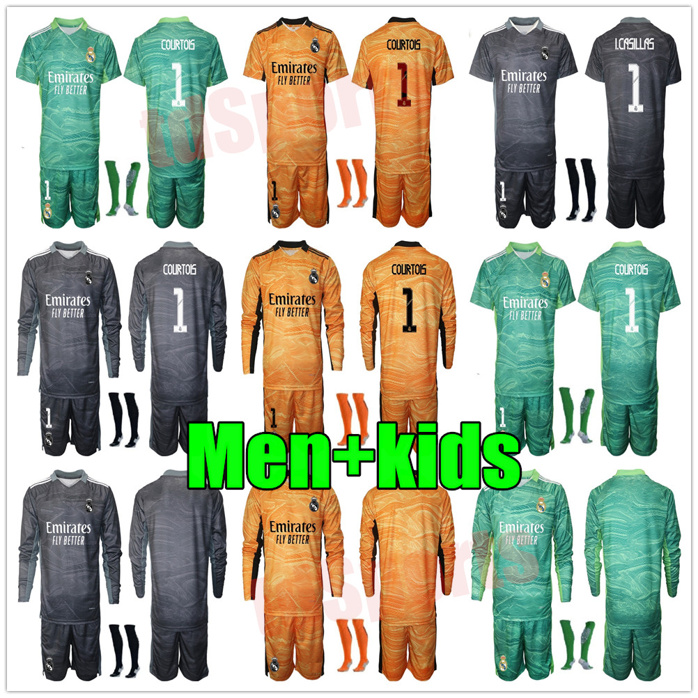 

New 2021 2022 adult Men kids kit youth Real Madrid Soccer Jerseys Long sleeve Goalkeeper kits 21 22 #1 COURTOIS GK Football shirt #13 LUNIN uniforms, Gk+league patch
