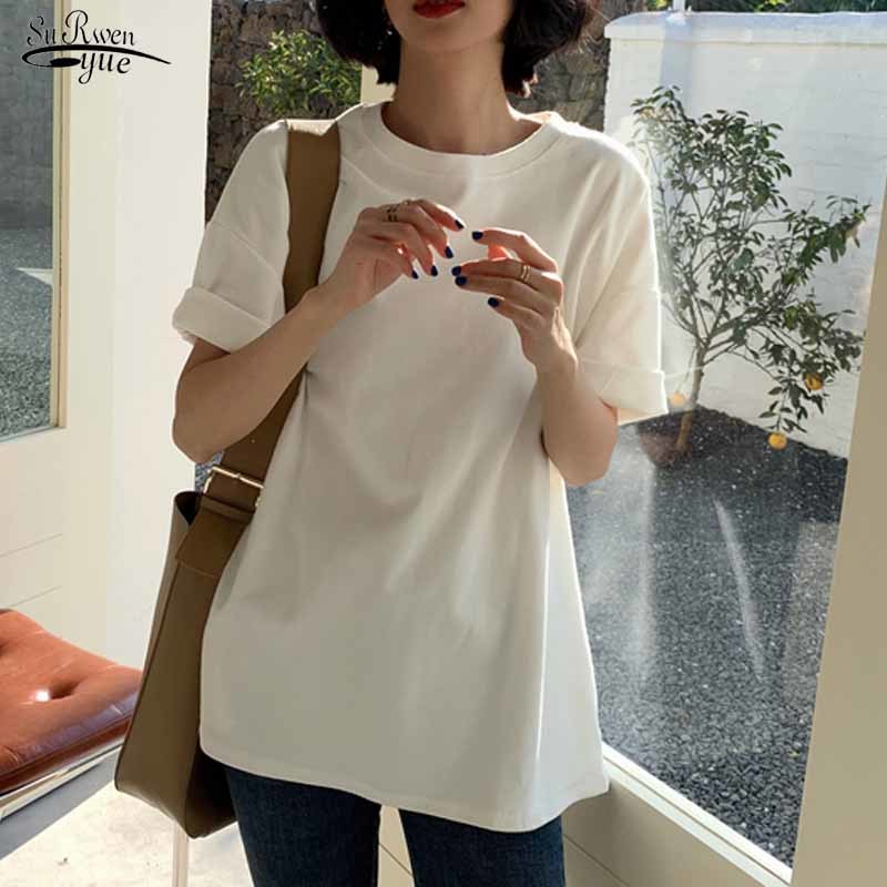 Solid Plus Size Women Tops and Blouse Short Sleeve Casual Loose O Neck Shirts Cotton Ladies Clothing 8779 50 210508