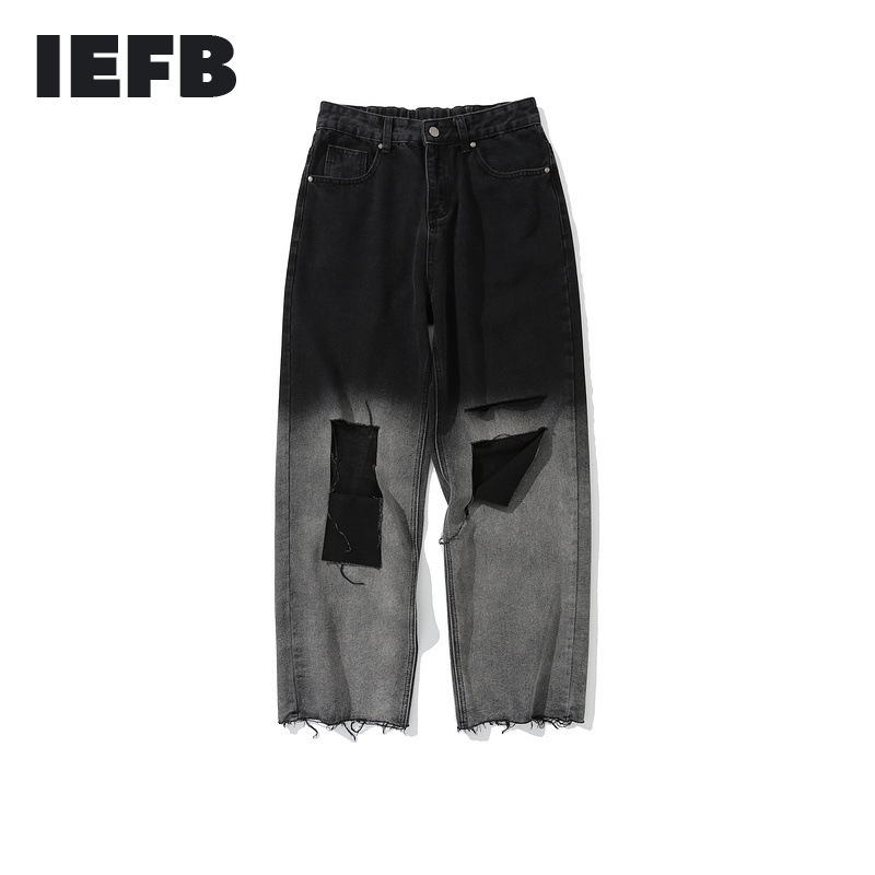 

IEFB Spring Black Jeans Men's High Street Straight Loose Back Elastic Waist Denim Trousers Trend Casual Pants 9Y5927 210524