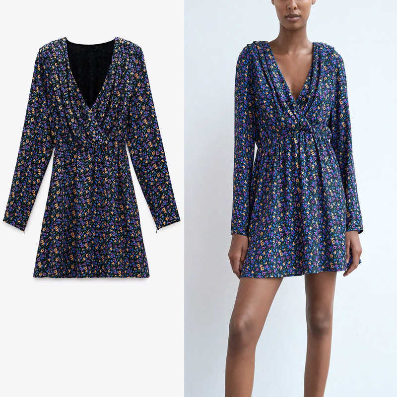 

Dresses Za Women Vintage Floral Print Mini Dress Wrap V-neck Long Sleeve Elastic Waistband Elegant Woman Short Party Dress 210602, As picture