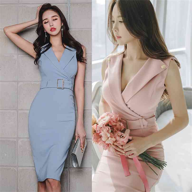 

Summer Sexy Office korean ladies Dress Pink Sleeveless V neck belt Formal Bodycon Party for women china clothing 210602, Blue