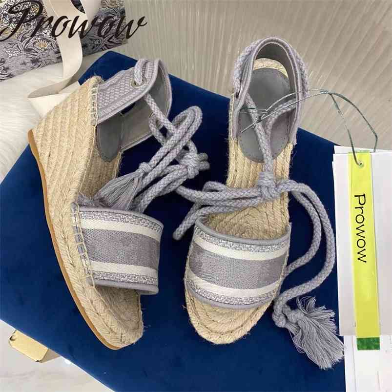 

Prowow Summer Gladiator Lace Up Luxury Women Espadrilles Vacation Flats Sandals Shoes Zapatos Mujer 210520, Biege