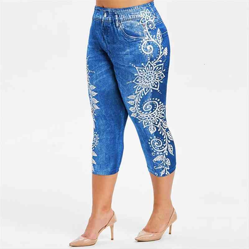 

printed false denim short womens legging 3 jeans high waist breeches capri pants super elastic jeggings, Black