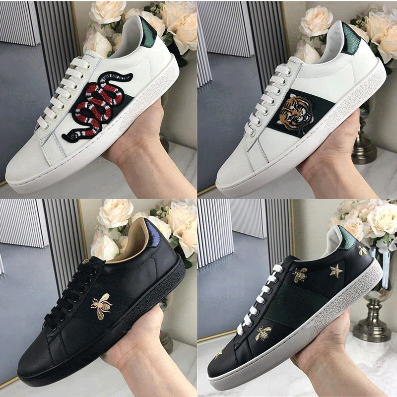 

2021 Men Women Sneaker Casual Shoes High Quality Snake Chaussures Leather Sneakers Ace Bee Embroidery Stripes Shoe Walking Sports Trainers Tiger, Black