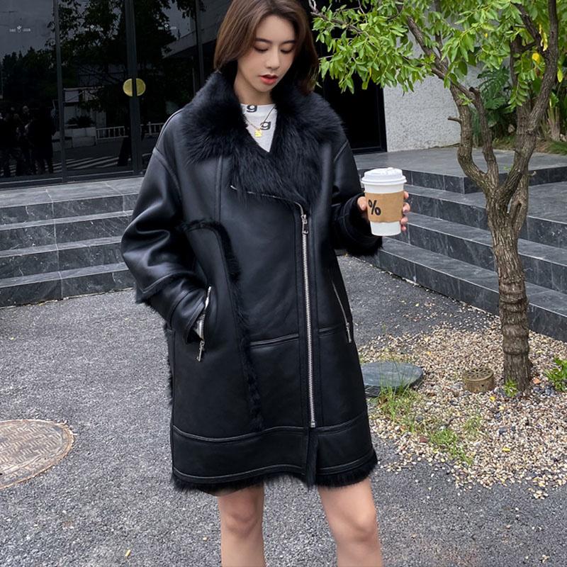 

Women's Fur & Faux Long Coat Winter Women Turn-Down Collar Genuine Leather Jacket Natural Real Sheep Clothes Thick Warm, Black