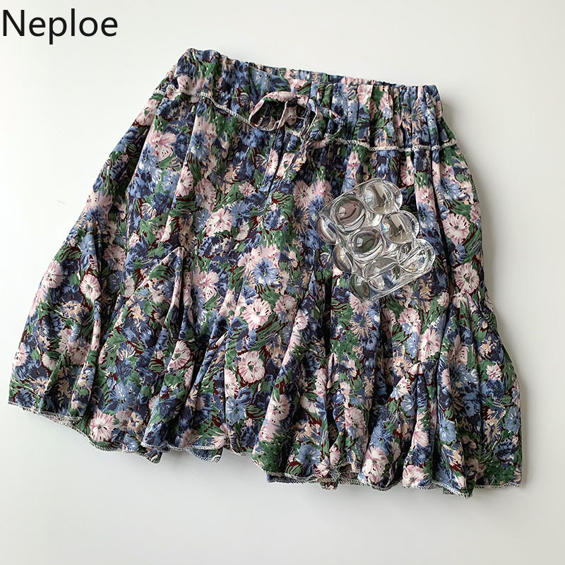 Neploe Summer Women Skirts Chiffon Casual Jupe Korean Vintage High Waist A Line Floral Faldas Ladies Sexy Short Mini Saia 210422
