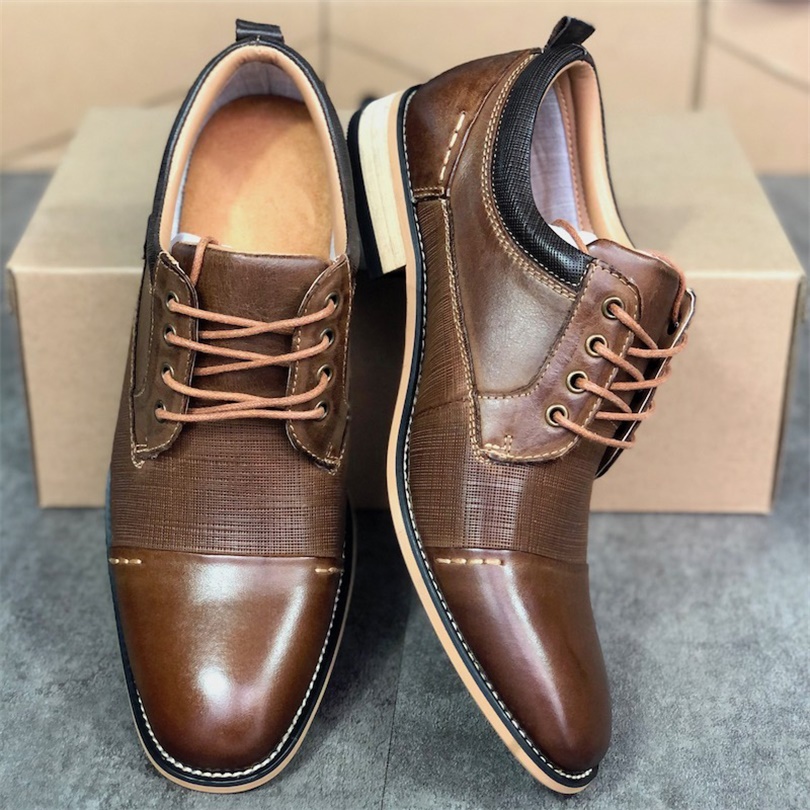 

Genuine Leather Dress Shoes Men Top Quality Brogues Oxfords Business Shoe Designer Loafer Classic Lace up Office Party Trainers With Box 003, Brown