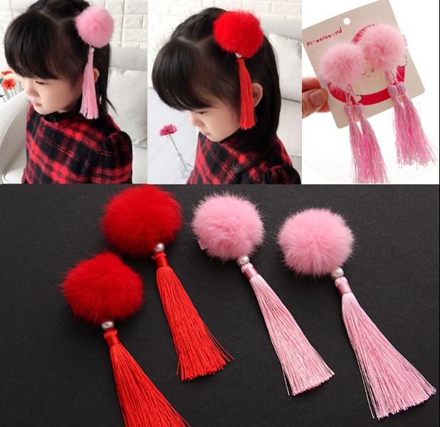 Chinese Elastic Tassel Clip Spring Festival Ponytail Holders Soft Hair Bands Ties for Kids Children 1 Pair 211099-image-667844640