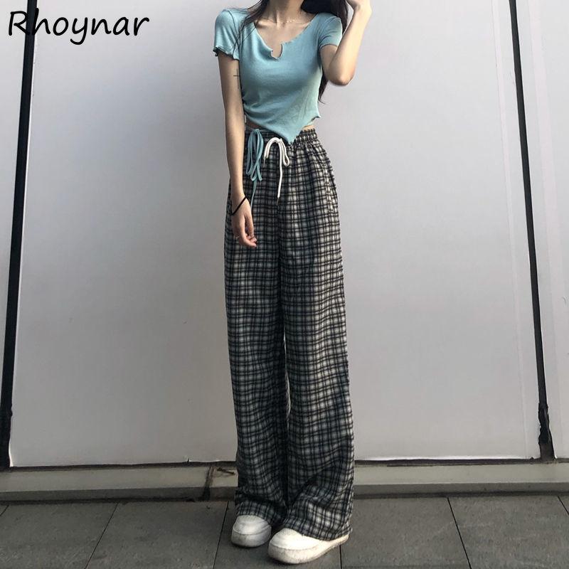 

Women's Pants & Capris Casual Women Baggy Chic Stylish Soft Full Length Trousers Drawstring Streetwear Plaid Est Teens Classic Retro, Black;white