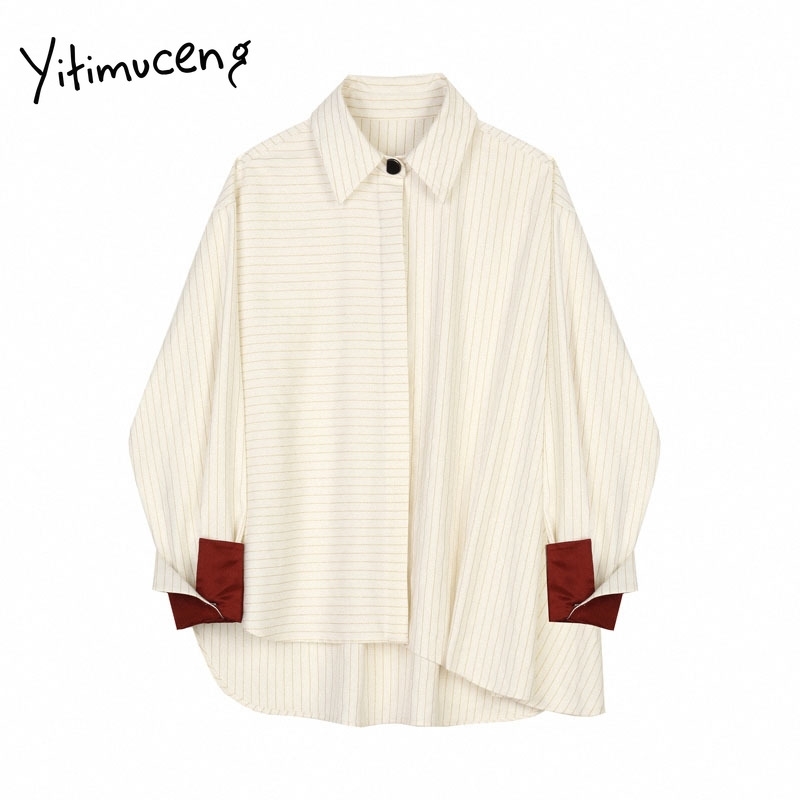 

Yitimuceng Striped Irregular Blouse Women Shirt Long Sleeve Button Up Shirts Straight Solid Spring Fashion Casual Tops 210601, Apricot