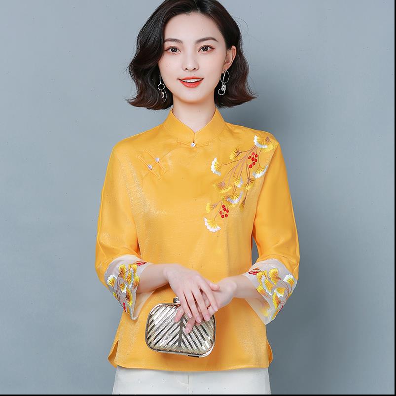 

chinese buckle women shirt embroidery improved short cheongsam floral tang suit spring ancient quality clothes, White