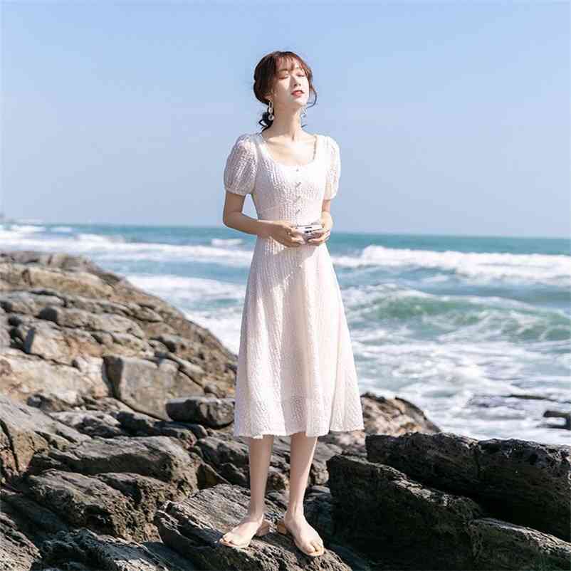 

Summer Solid Women Elegant White Dress Ladies High Waist Square Collar Dresses Female A-line Vestidos 210519, Long sleeve
