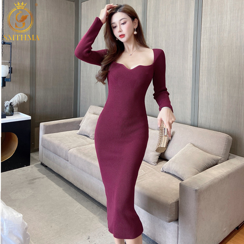 

Spring Design Sexy V-Neck Bodycon Split Knitted Sweater Long Dresses Female Fashion Full Sleeves Vestidos 210520, Photo color