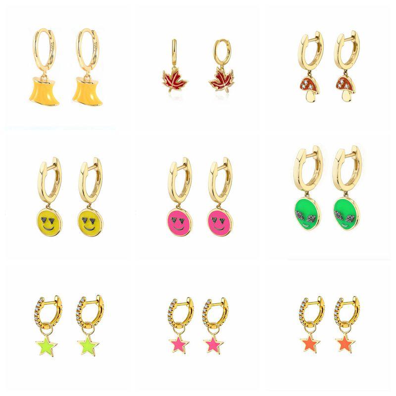 

Hoop & Huggie MC 925 Sterling Silver Earrings For Woman Dripping Oil Small Wedding Party Korean Face/star/Leaves, Golden;silver