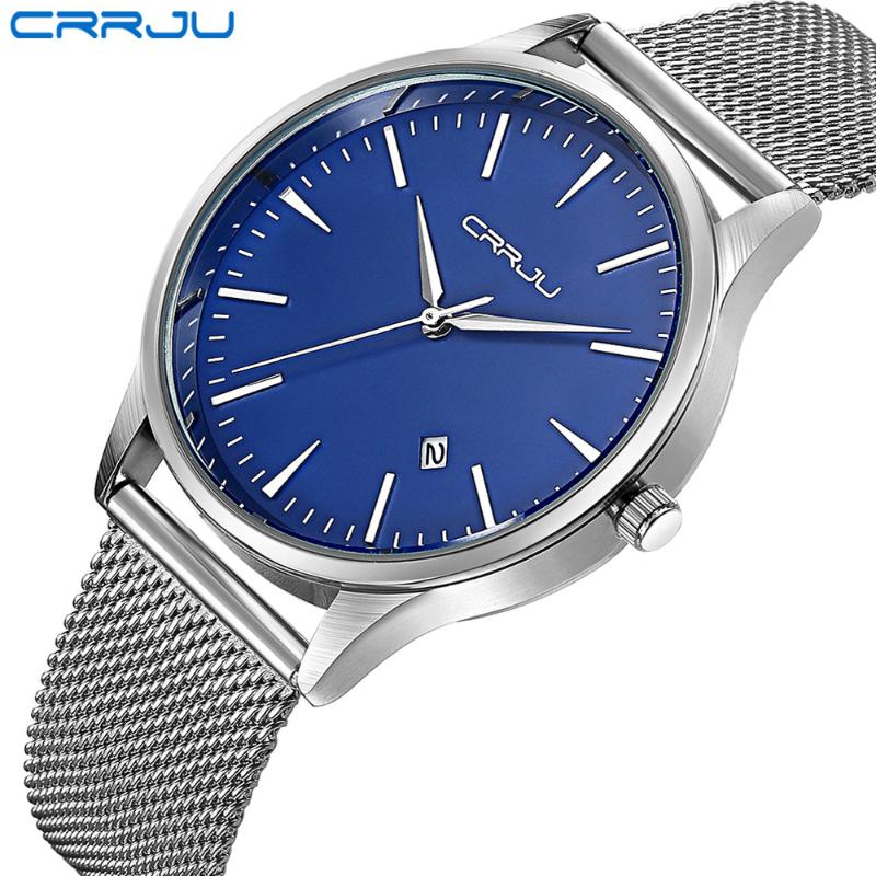 

Wristwatches CRRJU Calander Business Man Watches Stainless Steel Mesh Strap Round Fashion Sport Quartz For Men Relogio Masculino, Silver white