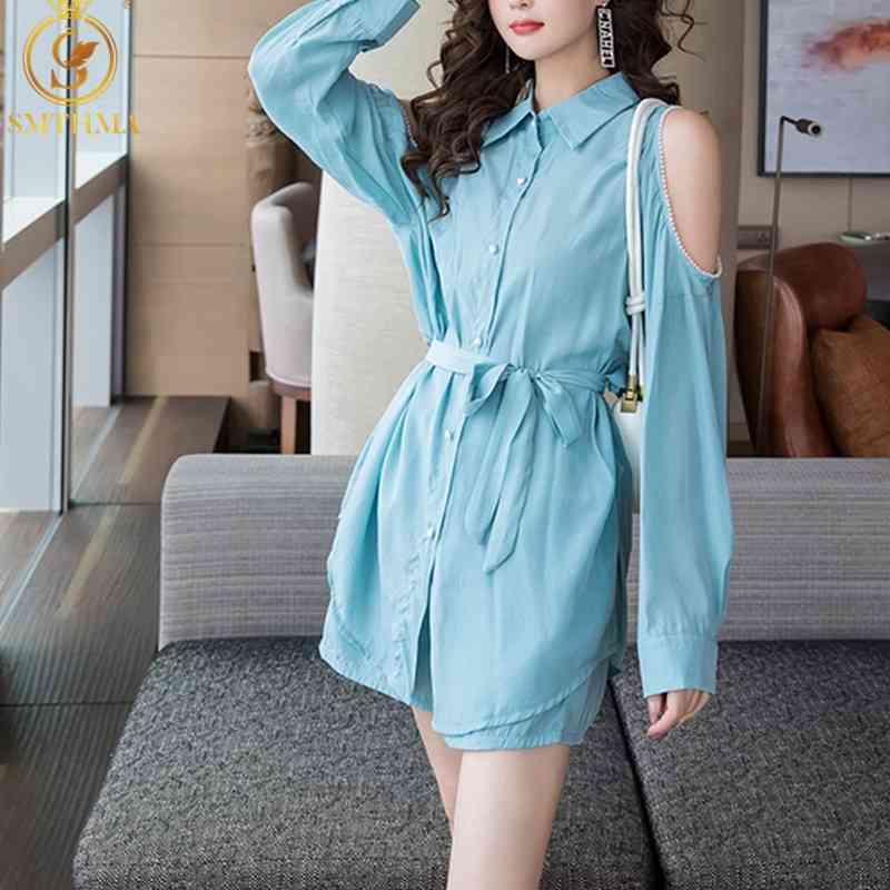 

Fashion Solid Two Piece Set Women Korean Office Lady Turn Down Collar Beaded Strapless Blouse + Wide Leg Pants Suit 210520, Photo color