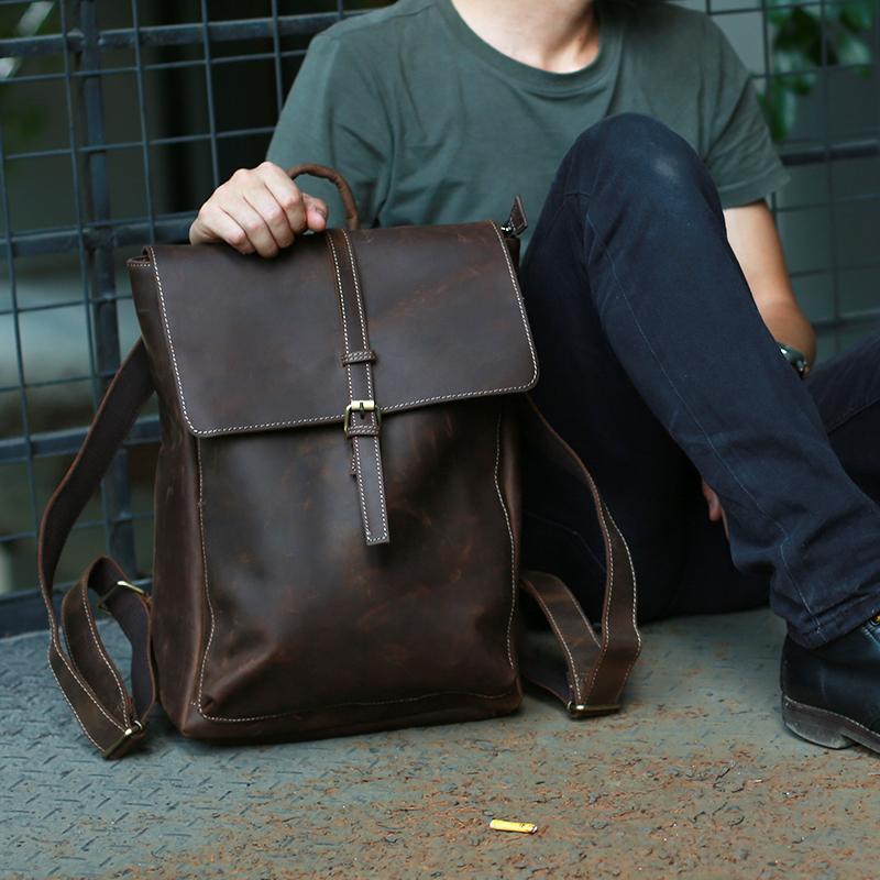 

Backpack Genuine Leather Men Vintage Crazy Horse Laptop Backpacks Mens Travel School Bag, Coffee