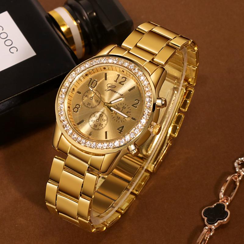 

Wristwatches Geneva Classic Luxury Women Watches Rhinestone Watch Ladies Fashion Gold Clock Montre Femme, Slivery;brown