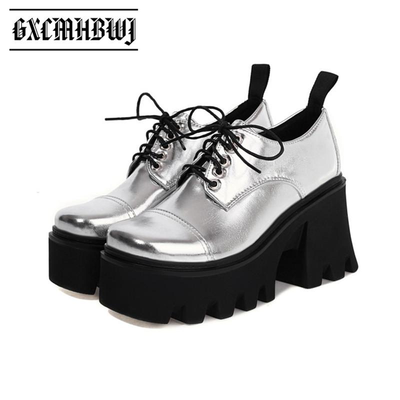 

Spring Lace Up Platform Women Shoes Black Silver Square Toe High Heels Woman Pumps Punk Goth Casual Single Dress