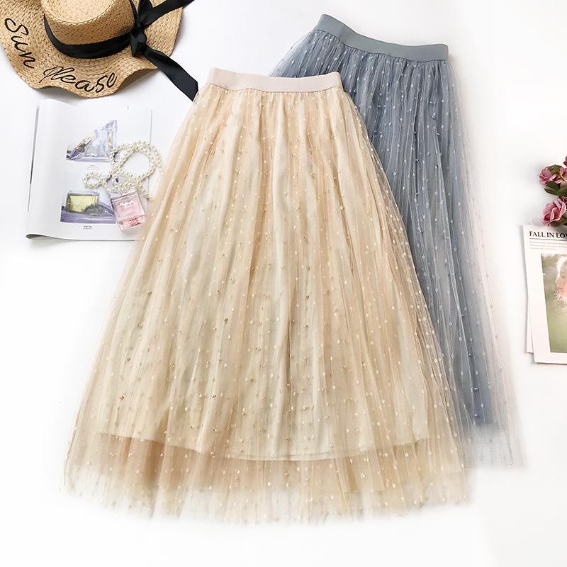 

Skirts 4 Colors Available 2021 Spring Arrivall Pearl Beading Tulle Skirt Chic Hong Kong Style Faldas Largas Elegantes, Black