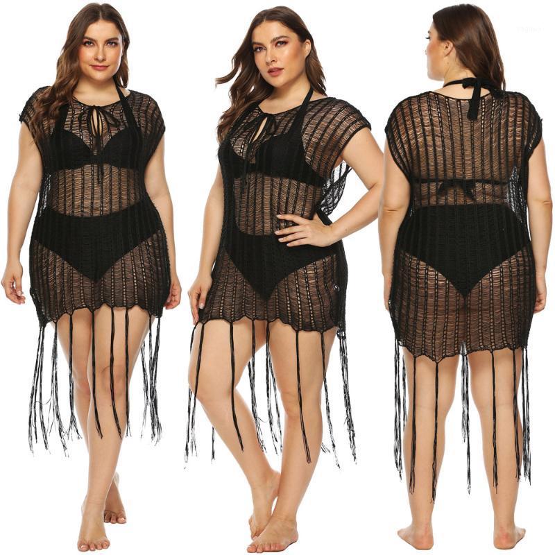 

Women's Swimwear 2021 Sexy Black Knitted Beach Cover Up Dress Large Plus Size Tunic Pareos Bikinis Ups Swim Robe Plage Beachwear, 1412 black