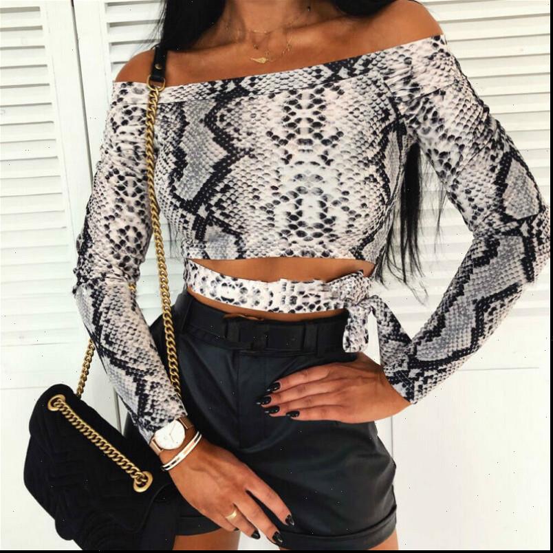 

womens women blouses fashion and snakeskin print off shoulder crop long sleeve slim shirts spring summer clothes, White