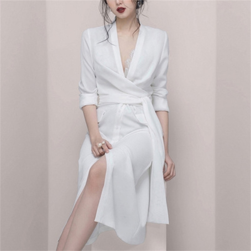 

Women Black Fashion Deep V Long Sleeve Slim Asymmetrical OL Style Mini Ruffles Dress Office Lady 210603, Picture color
