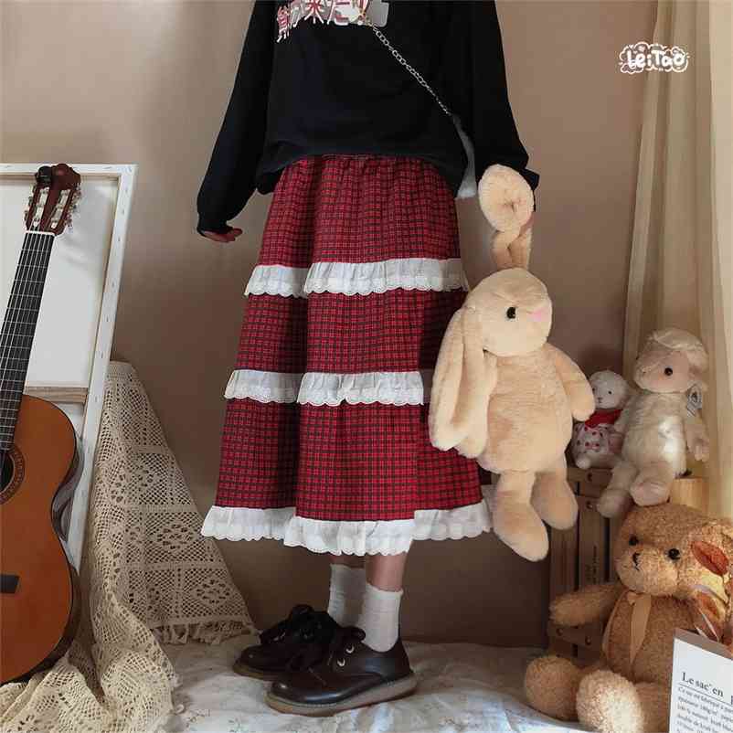 

Christmas Skirts Women Elegant Plaid Sweet High Waist Female Japanese Kawaii Lace Chiffon Midi Korean 210519, Red