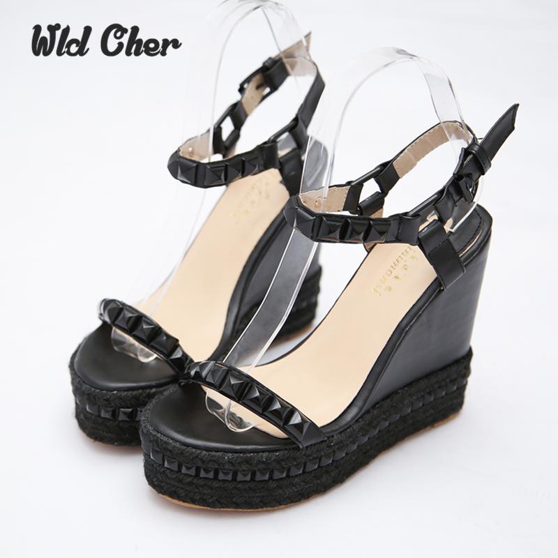 

Sandals Roman Summer High Heels Shoes Rivet Peep Toe Platform Wedges Women Small Size 33 -39 Zapatos Mujer Plataforma, Black
