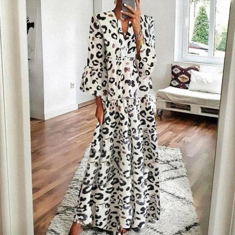 

fashion leopard printed long maxi womens dresses v neck flare sleeve spring summer vintage party vestidos, Black;gray
