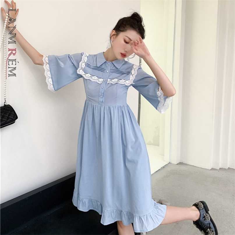 

Women Dress Elegant Lace Stitched Polo Collar Temperament Fashion Loose Fit Summer 2P216 210526, Linxi blue