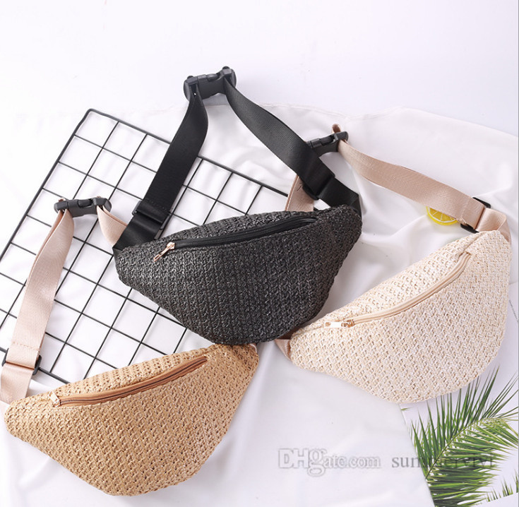 

INS Kids grass weaving backpacks children straw hand made messenger chest bag women mini waist bags purse Q0581, Black