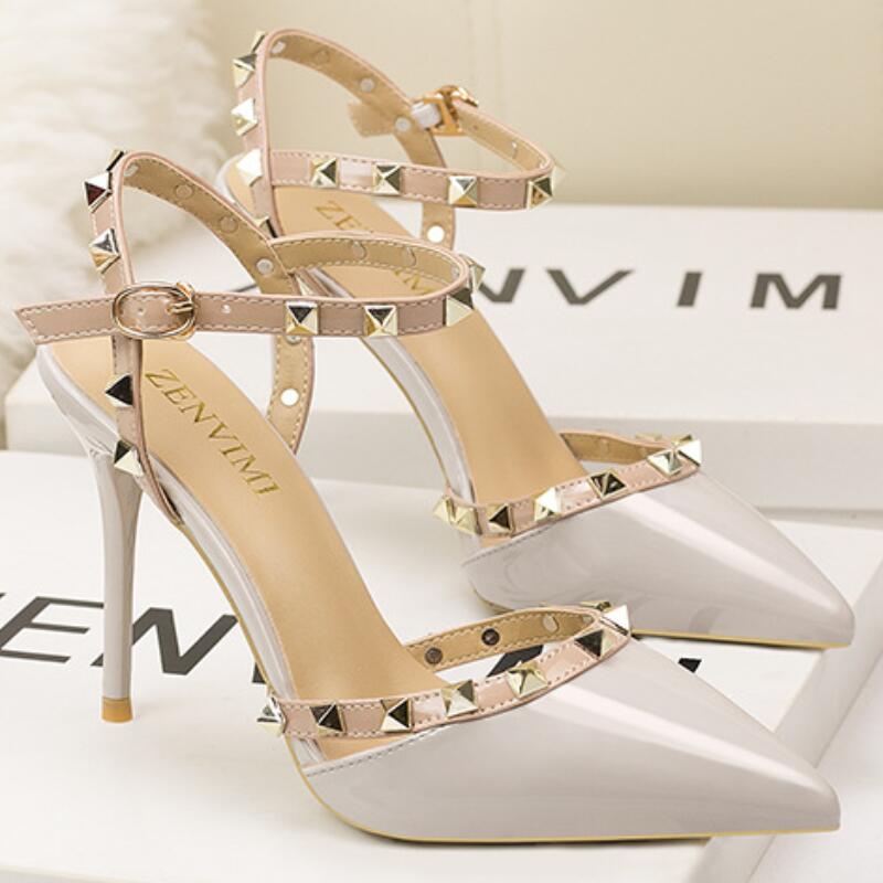 

Women Pumps Thin Heel Pointed Toe Buckle Sexy Ladies Bridal Wedding Shoes White Rivets High Heels Sandals, Teal