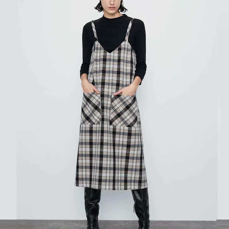 

Za Plaid Spaghetti Straps Midi Dress Women Sleeveless Backless Office Lady Dresses Female Chic Front Patch Pockets Vestidos 210602, As picture