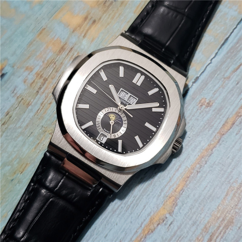 

New Automatic Mechanical Mens Watches Leather Band Sports 5726 Series With Sun Moon and Stars Watches, Slivery;brown