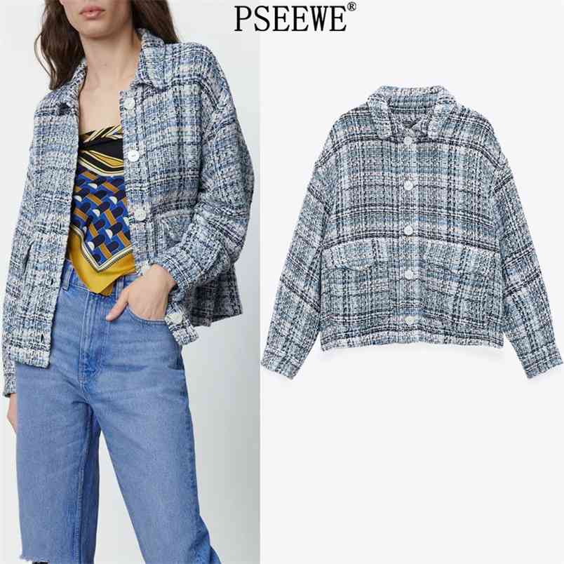 

Textured Blue Plaid Jacket Woman Spring Vintage Pockets Button Up Long Sleeve Women Overshirt Casual Female Coat 210519
