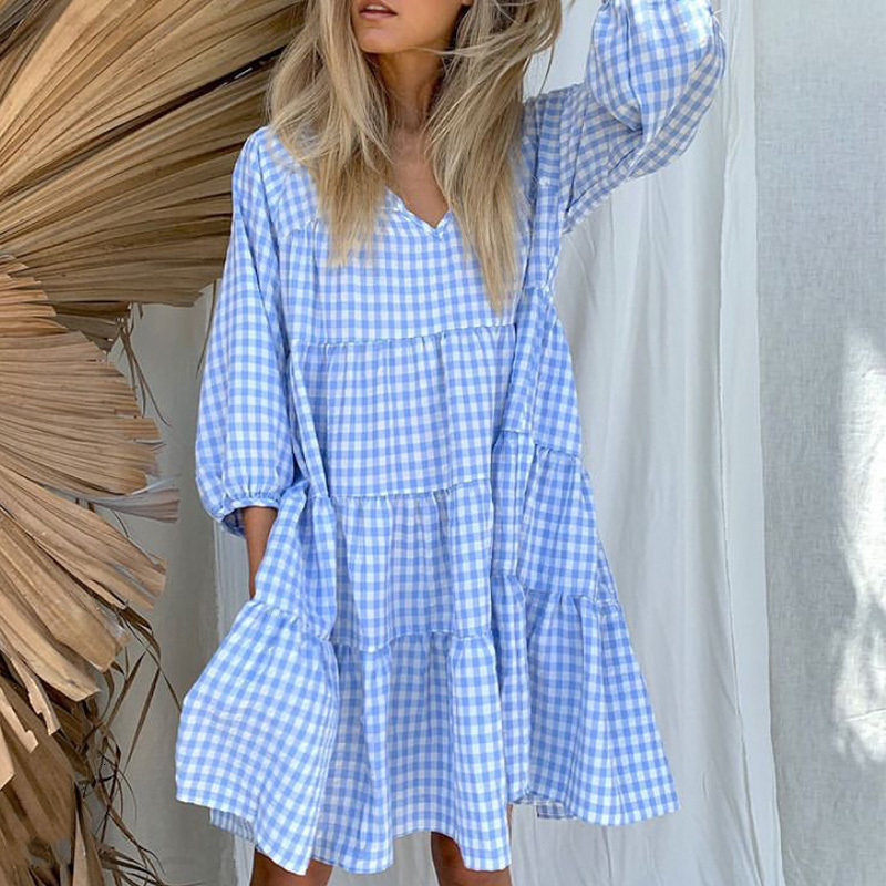 

Casual Dresses Women Plaid Big Pendulumn Mini V Neck Print Streetwear 6IV3, Beige