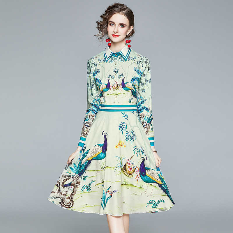 

Vintage Women Turn-Down Collar Long Sleeve Party Dress Fashion Sexy Lady Elegant Slim Peacock Printed Dresses Vestidos 210525, Light green