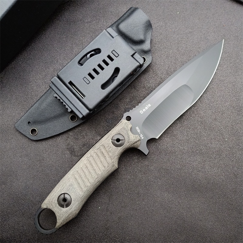 

Outdoor Survival Straight Tactical Knife DC53 Black Titanium Coated Drop Point Blade Full Tang Flax Handle Knives With Kydex