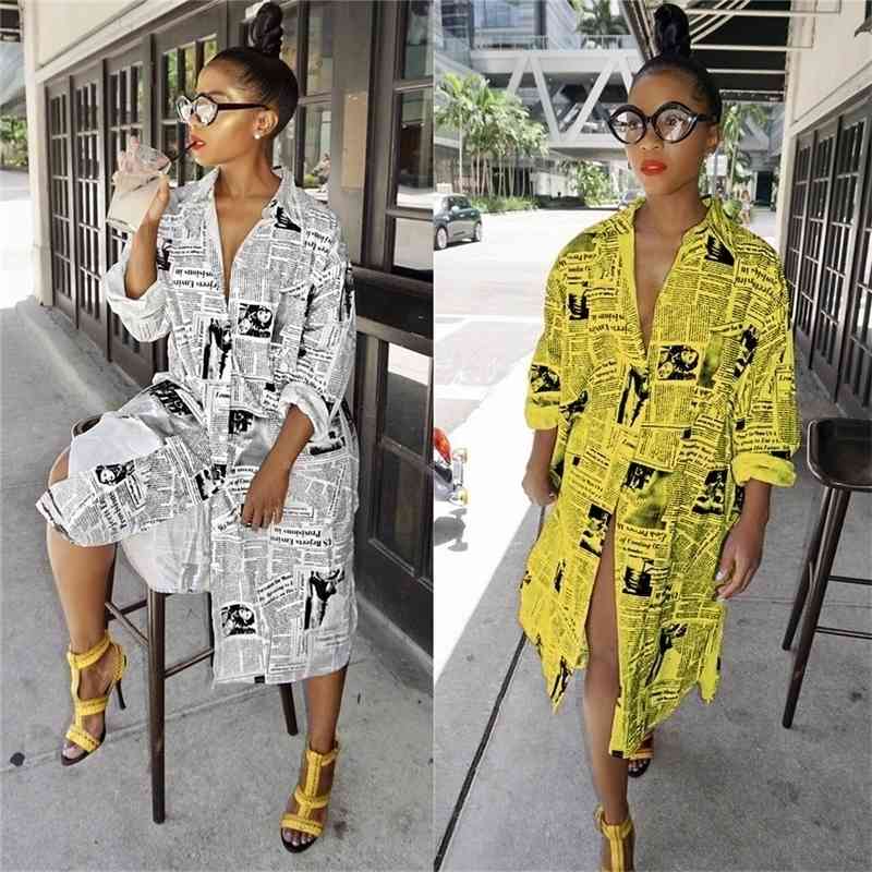 

New Sales Newspaper Letter Printing Fashion Women Long Shirt Dresses Long Sleeves Lapel Neck Buttons Spring Summer Casual Dress 2019 43N2, White