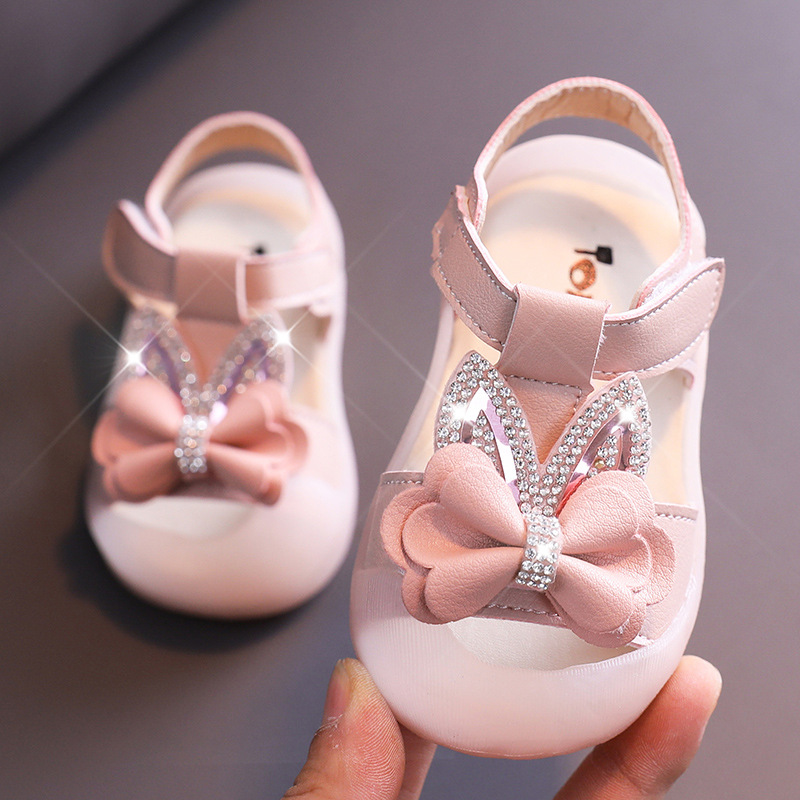 

Girls Summer Sandals Toddlers Baby Kids Sandals Rhinestone Rabbit Ear with Bow-knot Sweet Children Beach Shoes Anti-ki Toe-cap, Beige