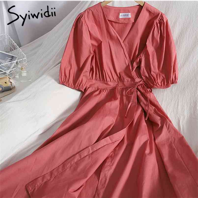 

Dress for Women Summer Fashion V-Neck Puff Sleeve with Belt Casual Office Lady Midi Dresses White Black Blue 210607, Purple