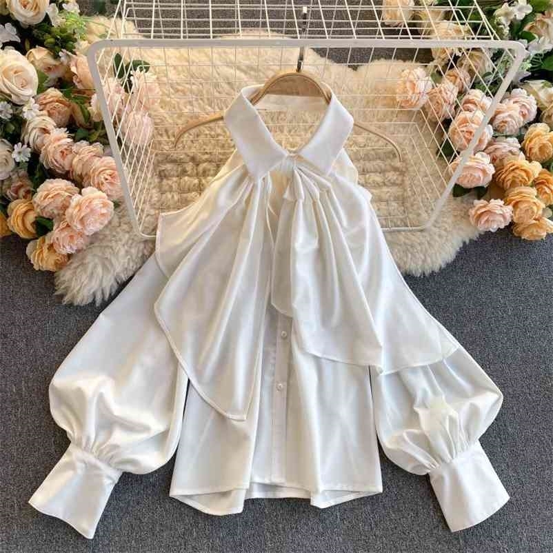 

Women Scheming Open Back Long Puff Sleeve Halter Shirt Solid Color Short Fashion Spring Summer 11B159 210525, Yellow